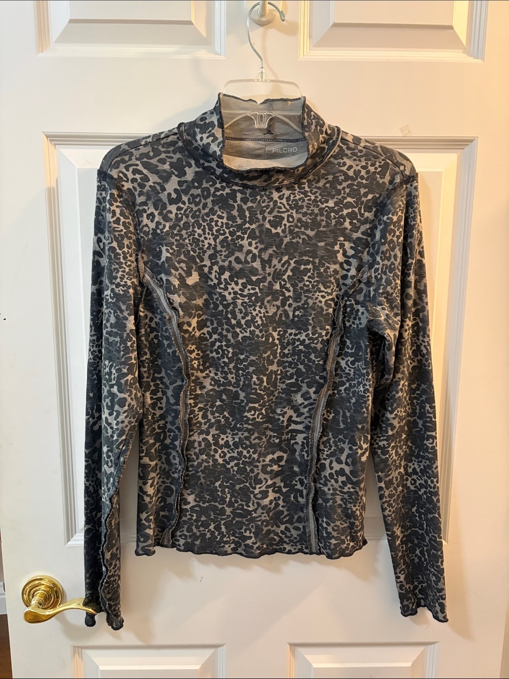 Pilcro Black and Gray Leopard Mock Neck Long Sleeve Top